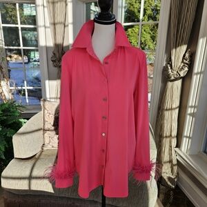 Gorgeous NWOT Jude Connally Randi Shirt with Pink Feather Cuffs Sz L